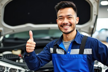 Skilled Male Mechanic Smiling and Giving Thumbs Up in Automotive Workshop with Open Car Hood, Showcasing Expertise and Customer-Friendly Service