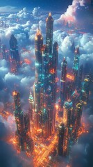 Obraz premium Futuristic cityscape above colorful clouds.