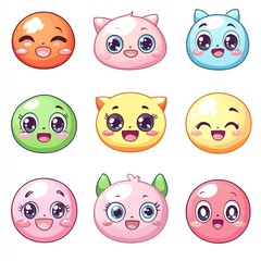 Obraz premium Adorable Kawaii Cartoon Characters Happy Cute Big Eyes Illustrations Set Digital Art Design Elements for Kids Projects Bright Pastel Colors Vector 