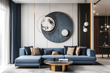 Modern Living Room with Statement Wall Art and Blue Sofa
