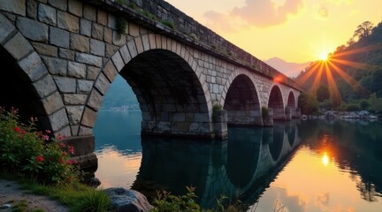 Fototapeta premium Serene Sunset Over Stone Arch Bridge Reflecting in Calm Water