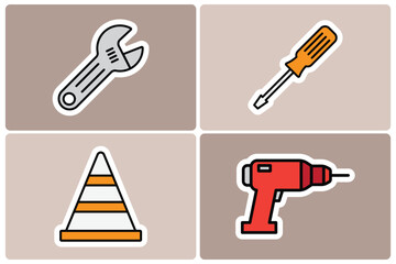 Construction Tools Doodle Icon Sticker Set. Wrench, Screwdriver, Drill, and Traffic Cone