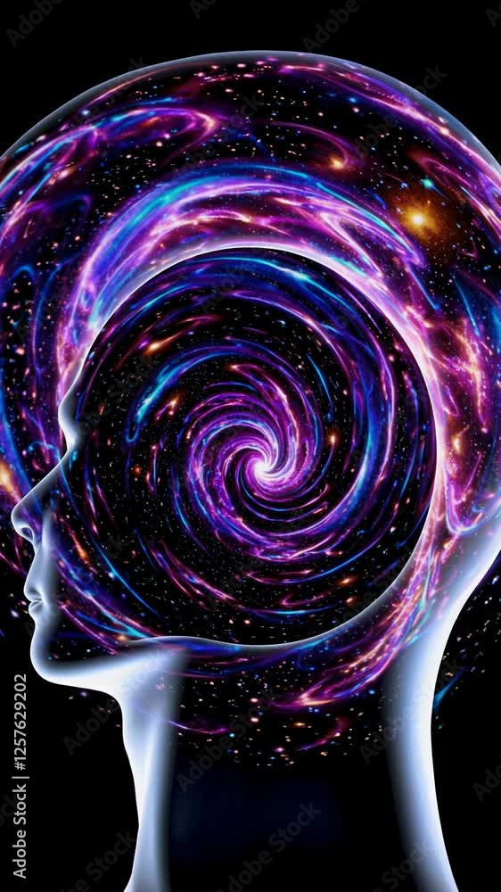 Poster  a cosmic vortex within a human head, with galaxies and nebulae spiraling inward, creating a surreal and introspective space-time effect