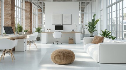 Bright minimalist office with large windows, white walls, natural wood flooring, potted plants, and modern furniture, creating a fresh, airy, and tranquil workspace filled with sunlight.