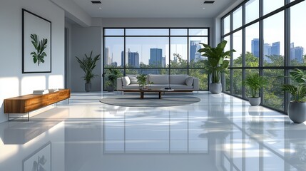 Fototapeta premium Modern office interior with floor-to-ceiling windows, sleek white floors, minimalist furniture, and lush potted plants, creating a bright, open, and sophisticated workspace.