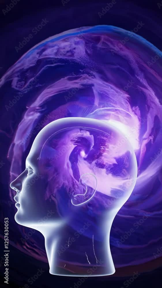 Aufkleber a cosmic vortex within a human head, with galaxies and nebulae spiraling inward, creating a surreal 