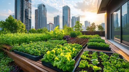 Fototapeta premium Futuristic rooftop garden flourishing amidst skyscrapers featuring vibrant vegetable beds and eco-friendly design elements under golden sunlight