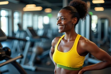 Fototapeta premium Empowered Fitness Journey: A Smiling African American Woman Shows Confidence in a Modern Gym Environment with State-of-the-Art Equipment