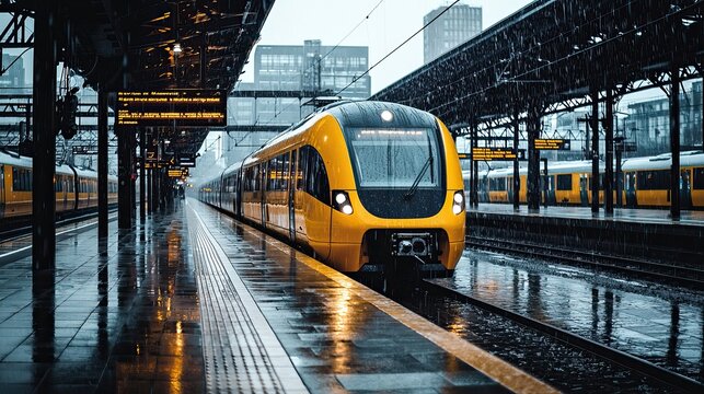 Modern Yellow Train Arriving at Rainy Urban Station with Reflections on Wet Platform