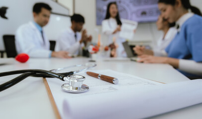 A diverse team of health care professionals, including doctors and nurses, sit and talk in a hospital office. The team works together to provide expert medical care and support to patients.