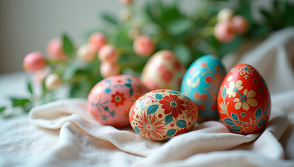 Fototapeta premium Close up photo of beautiful Easter eggs decorated with floral ornaments.Happy Easter greeting card concept 