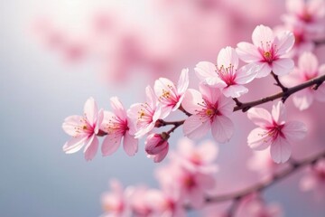 Obraz premium Delicate Pink Blossoms on a Branch, Softly Illuminated by Sunlight, Displaying Exquisite Details and Gentle Petals, Evoking Feelings of Serenity and Springtime Renewal