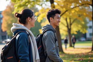 Obraz premium A Casual Autumn Stroll: Two Young Adults Enjoying Nature Together in a Park Surrounded by Golden Leaves and a Vibrant Background