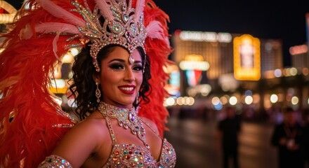 Vibrant carnival performer in a dazzling costume poses with a city skyline illuminated at night