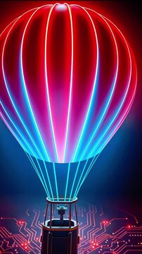 A vibrant hot air balloon illuminated with neon colors, hovering over a futuristic circuit background