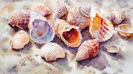 A watercolor illustration of various seashells on a sandy surface.