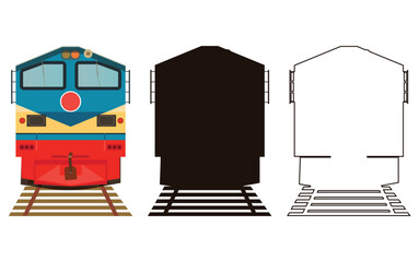 Train Locomotive Front View in line art, silhouette and colorful