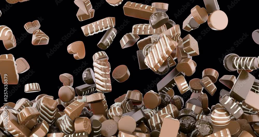 Poster chocolate candies falling and fill the screen. 3d animation on transparent background