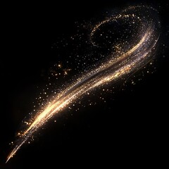 Obraz premium A trail of glittering golden dust against a black background, with a bokeh effect and glowing light particles