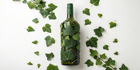 Elegant wine bottle wrapped in fresh green ivy leaves placed on a white background, ideal for eco-friendly and nature-inspired decor