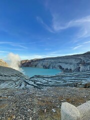 Kawah Ijen Crater Lake with Sulfur Smoke and Rugged Terrain, Indonesia