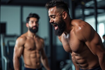 Fototapeta premium Two Fit Men Engaged in a High-Intensity Workout Session in a Modern Gym Environment, Showcasing Strength, Dedication, and Masculine Energy