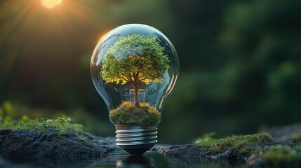Lightbulb with a tree inside, symbolizing sustainability and nature, set against a serene background