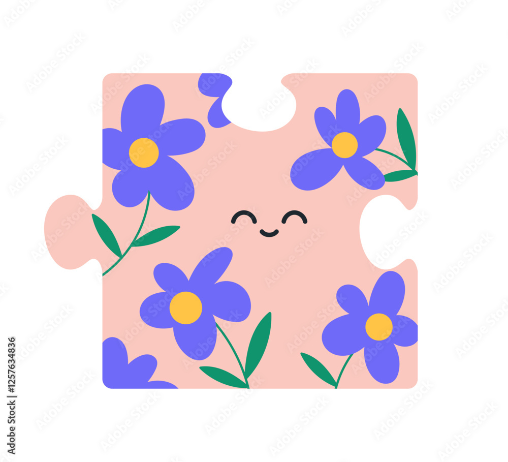 Poster puzzle piece design with happy face. cute jigsaw character with smiling enjoying expression, emotion