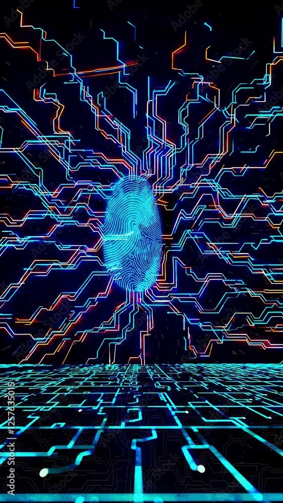 Fototapete a digital fingerprint appearing on a dark matrix background, with glowing data lines flowing around it, creating a futuristic cybersecurity effect