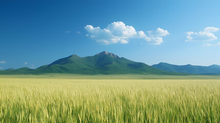 Fototapeta premium Serene mountain view over golden wheat field, sunny day