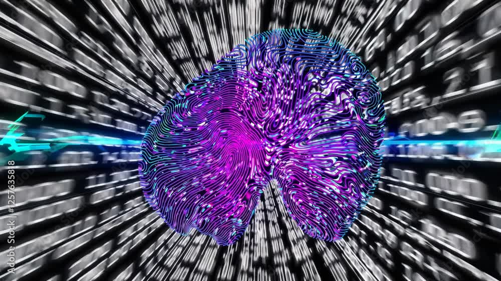 Fototapete a digital fingerprint appearing on a dark matrix background, with glowing data lines flowing around it, creating a futuristic cybersecurity effect