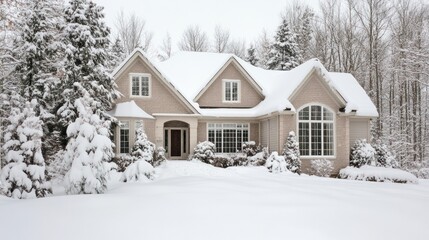 Snow-covered suburban house, winter scene.