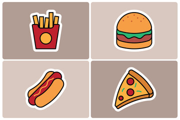Fast Food Doodle Icon Sticker Set. Burger, Fries, Pizza, and Hot Dog
