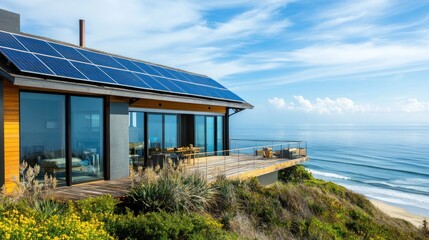 Fototapeta premium Modern coastal home with solar panels and ocean view.