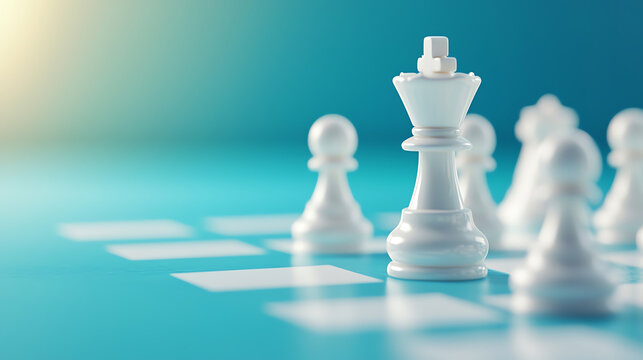 White king chess piece surrounded by pawns on blue background