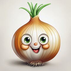 Illustration of a smiling onion with green eyes, rosy cheeks, and green leaves in a child's style