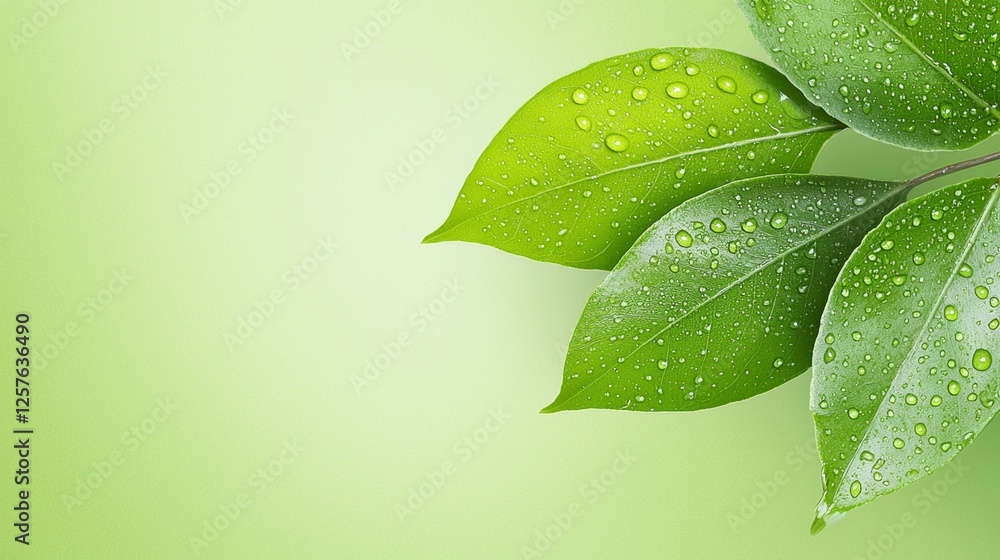 Poster A green leaf with water droplets on it