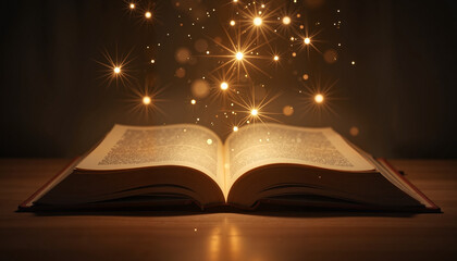 Glowing book releasing constellations on wooden table, magical realism