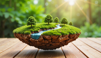 Floating island with trees and river on wooden table, surreal landscape