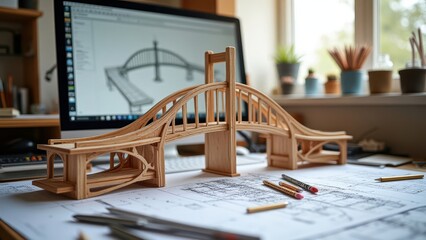 Wooden Bridge Model on Architect's Desk - Generative AI. 