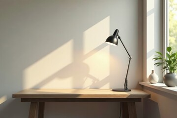 Serene workspace with minimalist wooden desk, adjustable desk lamp, and potted plant bathed in sunlight.