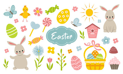 Set of cute easter elements. Easter bunnies, eggs and flowers are hand drawn.