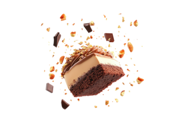 Chocolate cake slice with frosting and chocolate chunks flying in mid-air isolated on white or transparent, PNG