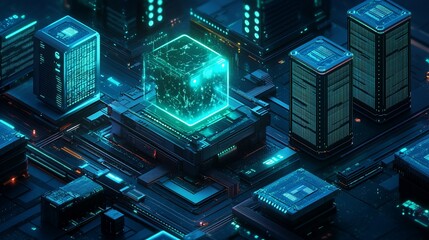 Fototapeta premium Glowing Cube Data Center Network Server Cityscape
