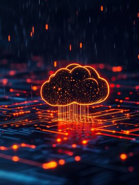 A glowing cloud symbol sits on a digital circuit, surrounded by vibrant data streams, representing cloud computing and data technology.