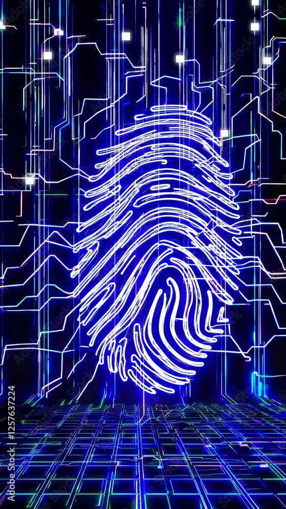 Fototapete a digital fingerprint appearing on a dark matrix background, with glowing data lines flowing around 