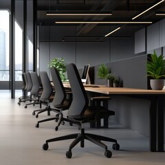 modern office workspace with ergonomic chairs and plants