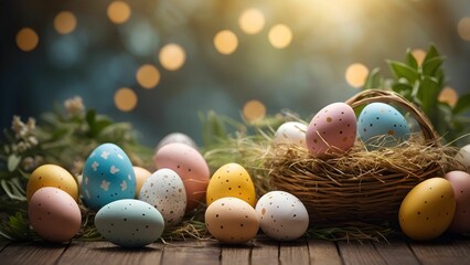 Obraz premium Celebration of spring with colorful Easter eggs and a cheerful bunny nestled in a vibrant arrangement of blossoms and foliage. Generative AI