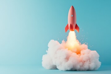 rocket launch with smoke on blue background