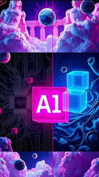 Futuristic digital landscape featuring vibrant colors, abstract elements, and cosmic themes